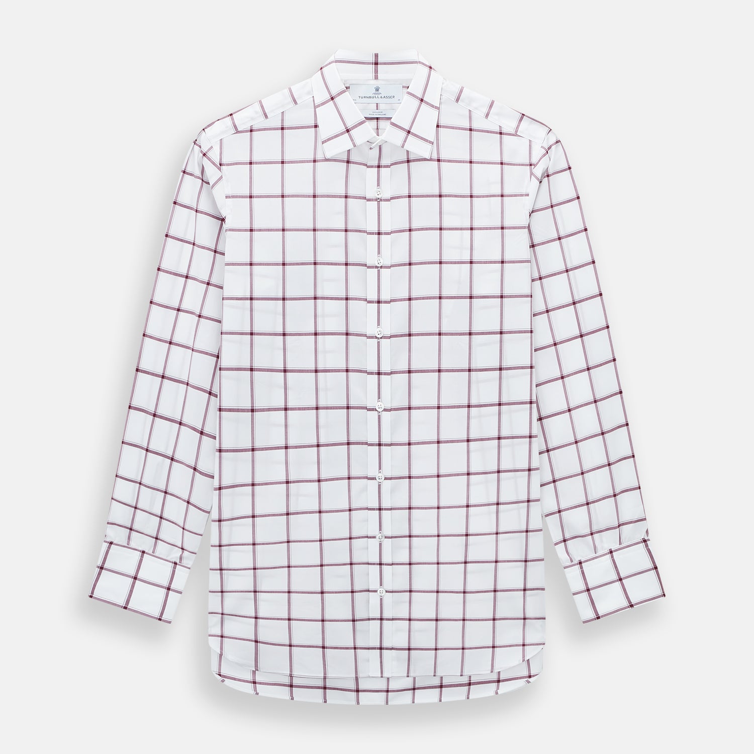 View 1 of product A long-sleeve, button-up Burgundy Grid Check Mayfair Shirt by Turnbull & Asser, made from Italian cotton with a spread collar and red grid check pattern, displayed flat on a plain white background.