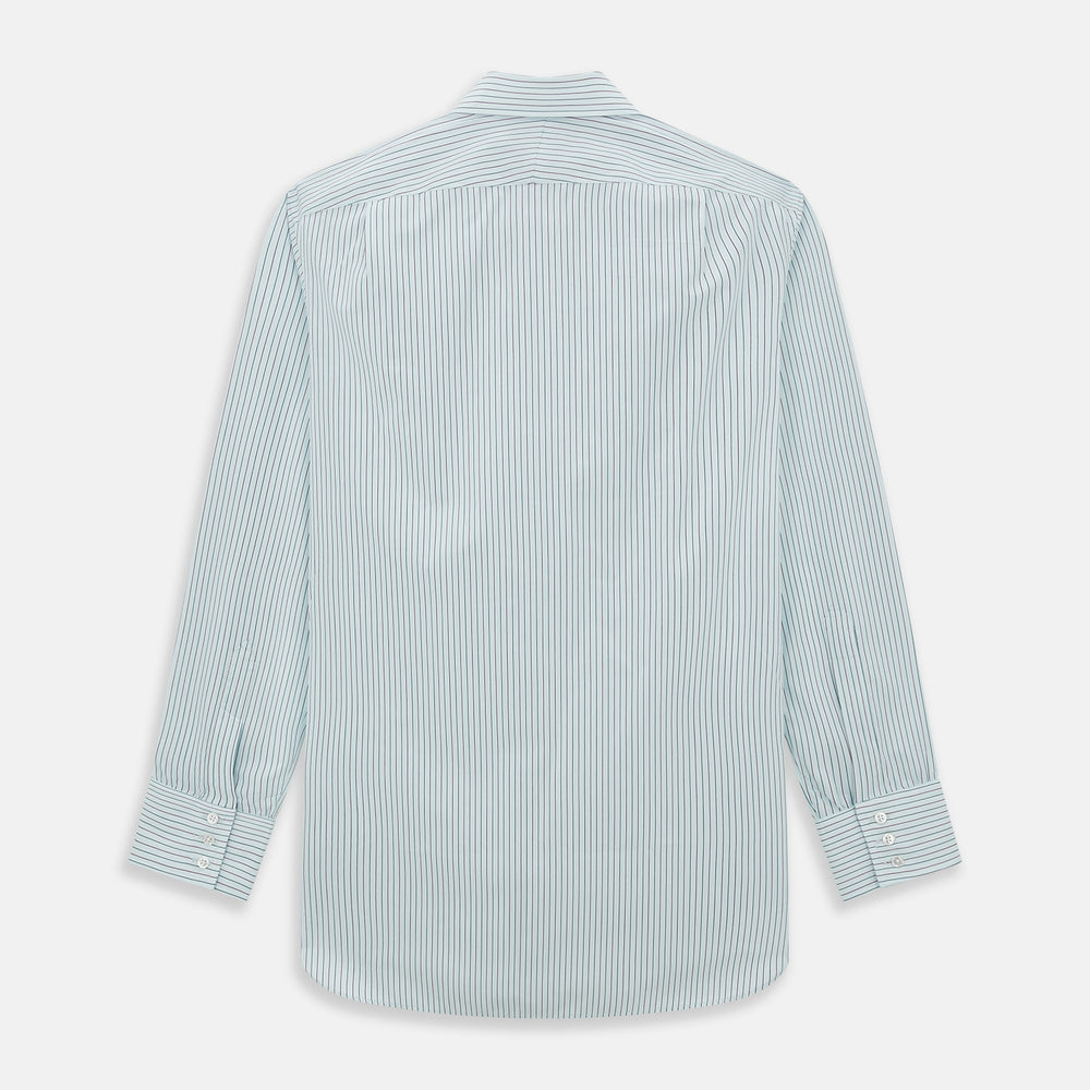 The Turnbull & Asser Green and Burgundy Pinstripe Mayfair Shirt, a long-sleeved, button-down with a classic collar, is ideal for formal wear and shown flat on a white background.