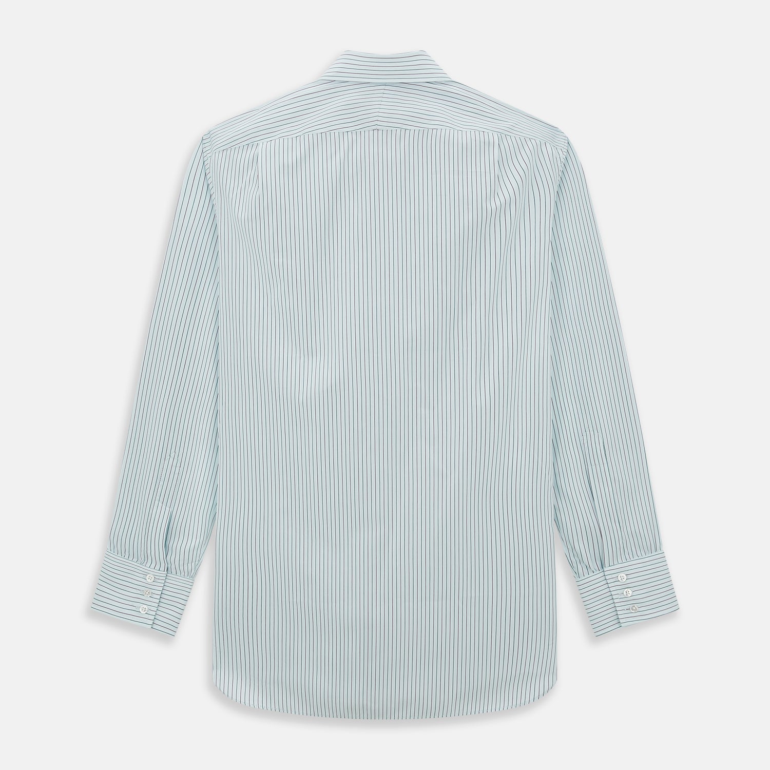 View 3 of product The Turnbull & Asser Green and Burgundy Pinstripe Mayfair Shirt, a long-sleeved, button-down with a classic collar, is ideal for formal wear and shown flat on a white background.