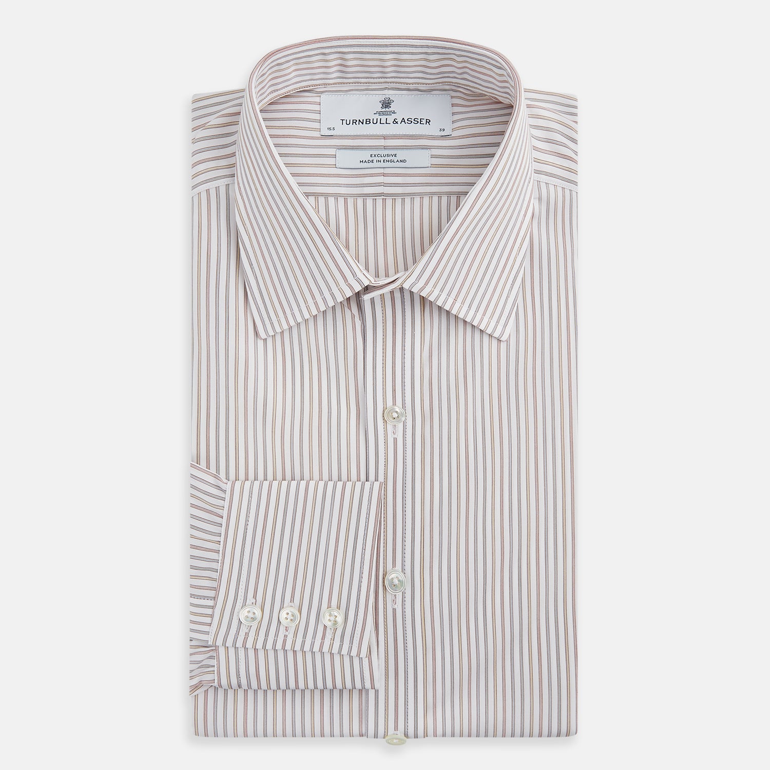 View 5 of product The Red with Multicoloured Music Stripe Mayfair Shirt by Turnbull & Asser is a long-sleeve, button-up shirt with a collar, featuring vibrant multicoloured stripes, inspired by classic British design, neatly laid flat on a plain background.