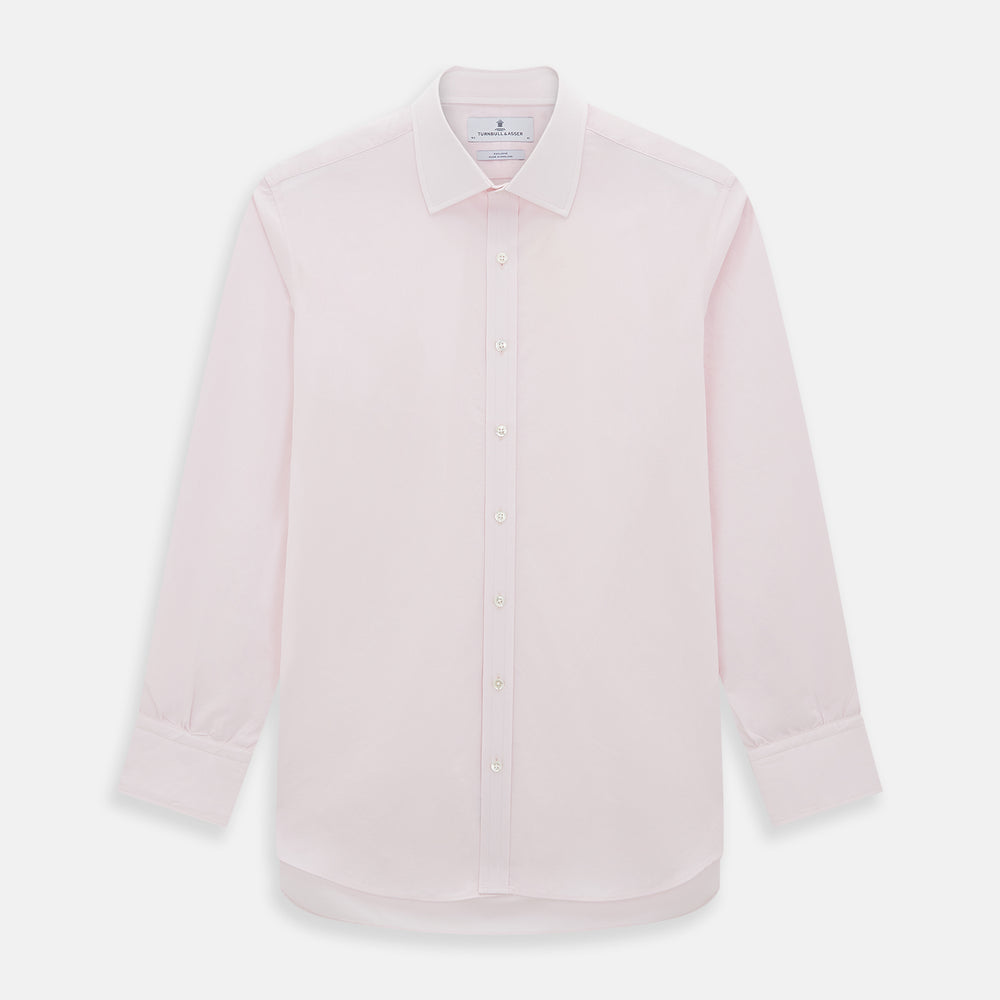 The Soft Pink Mayfair Shirt by Turnbull & Asser is a long-sleeved, sanforised cotton button-up with a classic collar, white buttons, and buttoned cuffs, shown against a plain white background.