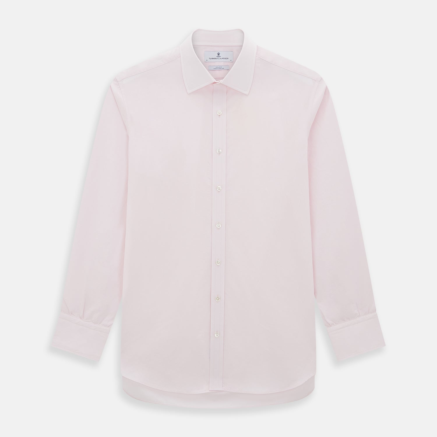 View 1 of product The Soft Pink Mayfair Shirt by Turnbull & Asser is a long-sleeved, sanforised cotton button-up with a classic collar, white buttons, and buttoned cuffs, shown against a plain white background.