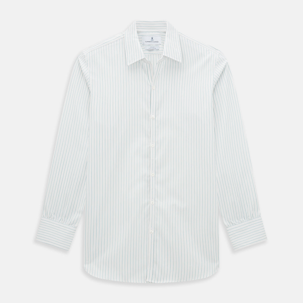 The Turnbull & Asser Turquoise and Red Ticking Stripe Windsor Shirt, featuring a classic collar and buttoned cuffs, is displayed flat against a white background.