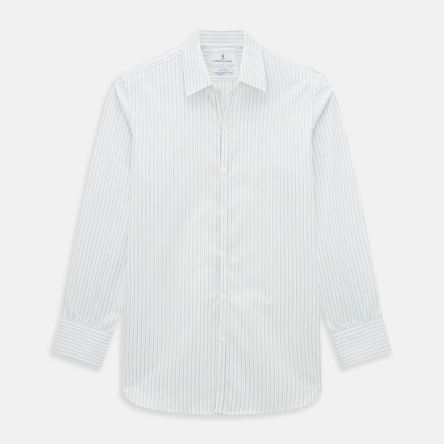View 1 of product The Turnbull & Asser Turquoise and Red Ticking Stripe Windsor Shirt, featuring a classic collar and buttoned cuffs, is displayed flat against a white background.