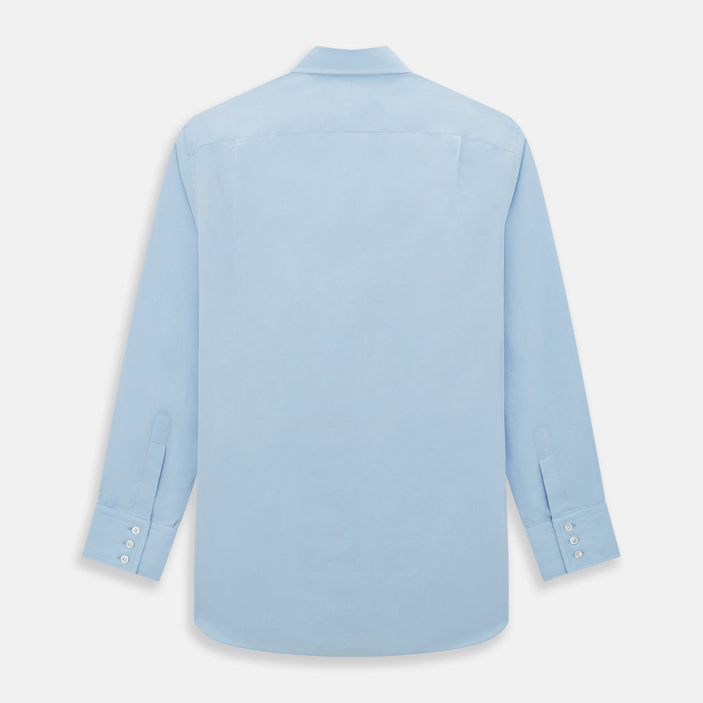 The Turnbull & Asser Sky Blue Mayfair Shirt is a long-sleeved, collared button-down made from sanforised cotton, shown laid flat on a white background.