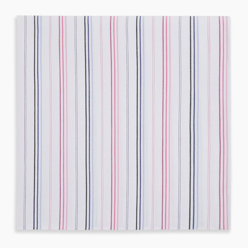 The Turnbull & Asser Hand Rolled Pink and Blue Multi Stripe Handkerchief features evenly spaced vertical stripes on white—a refined pocket square and essential gentleman's accessory.