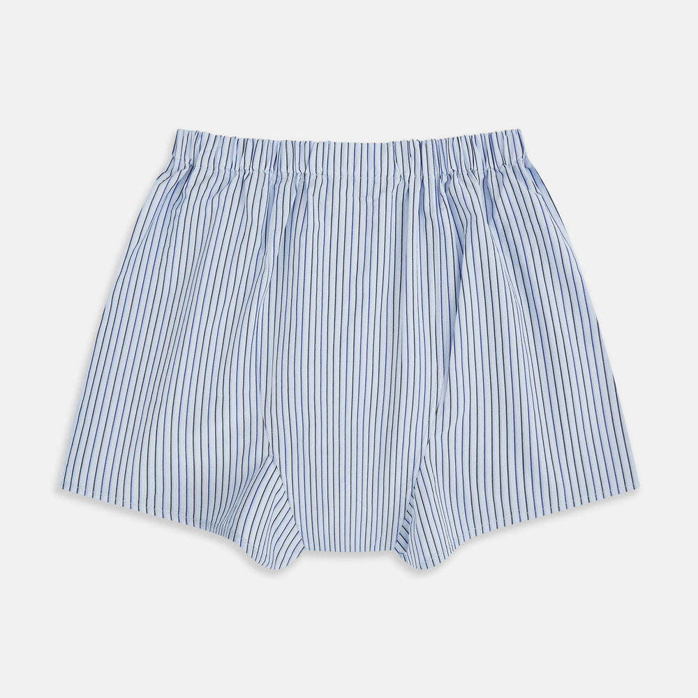 Turnbull & Asser Blue Multi Stripe Godfrey Boxer Shorts: premium Italian cotton men’s underwear with an elastic waistband and relaxed fit, shown on a white background.