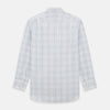View 3 of product The Turnbull & Asser Blue and Grey Multi Check Mayfair Shirt features a T&A collar, cuffed long sleeves, and a light blue and gray plaid pattern on white.