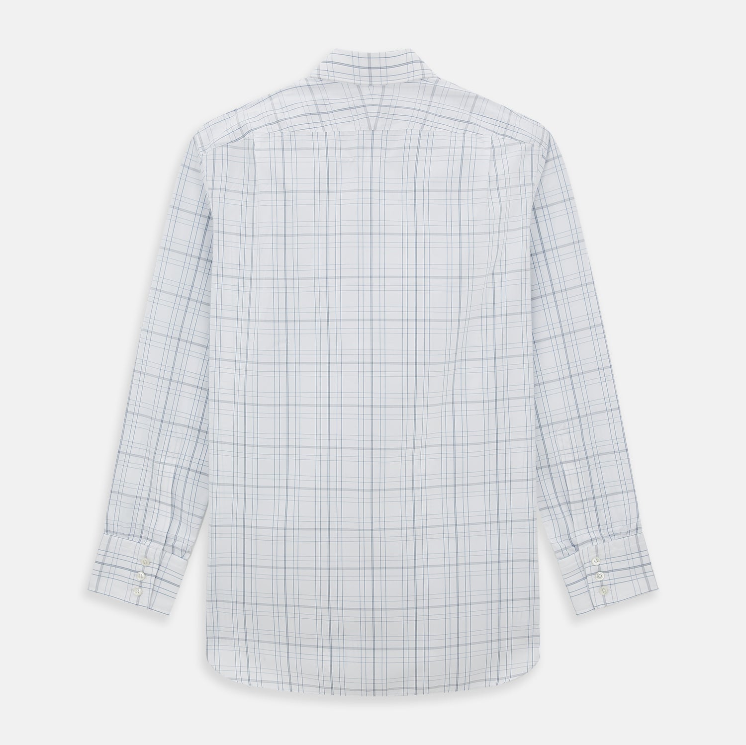View 3 of product The Turnbull & Asser Blue and Grey Multi Check Mayfair Shirt features a T&A collar, cuffed long sleeves, and a light blue and gray plaid pattern on white.