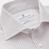 View 2 of product The Turnbull & Asser Red Multi Stripe Tailored Fit Shelton Shirt features subtle vertical stripes, a classic Kent collar, and buttoned cuffs, shown laid flat on a white background.
