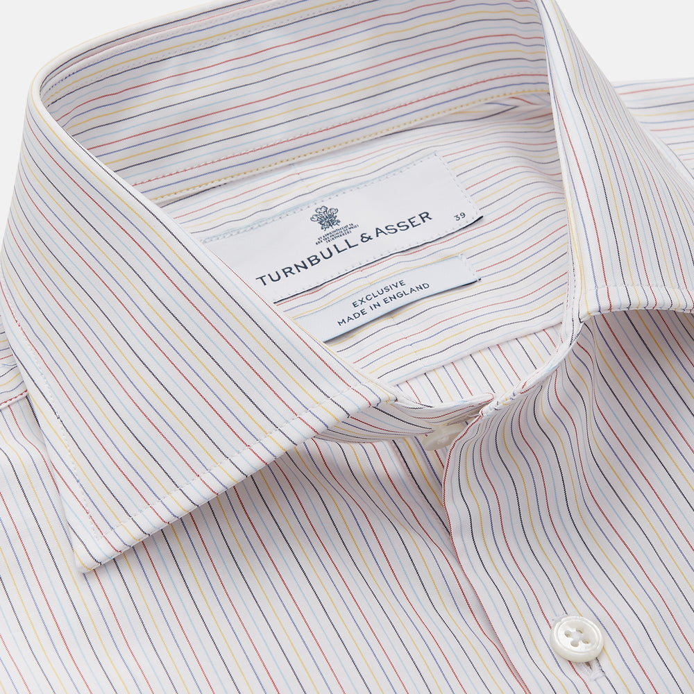 The Turnbull & Asser Red Multi Stripe Tailored Fit Shelton Shirt features subtle vertical stripes, a classic Kent collar, and buttoned cuffs, shown laid flat on a white background.