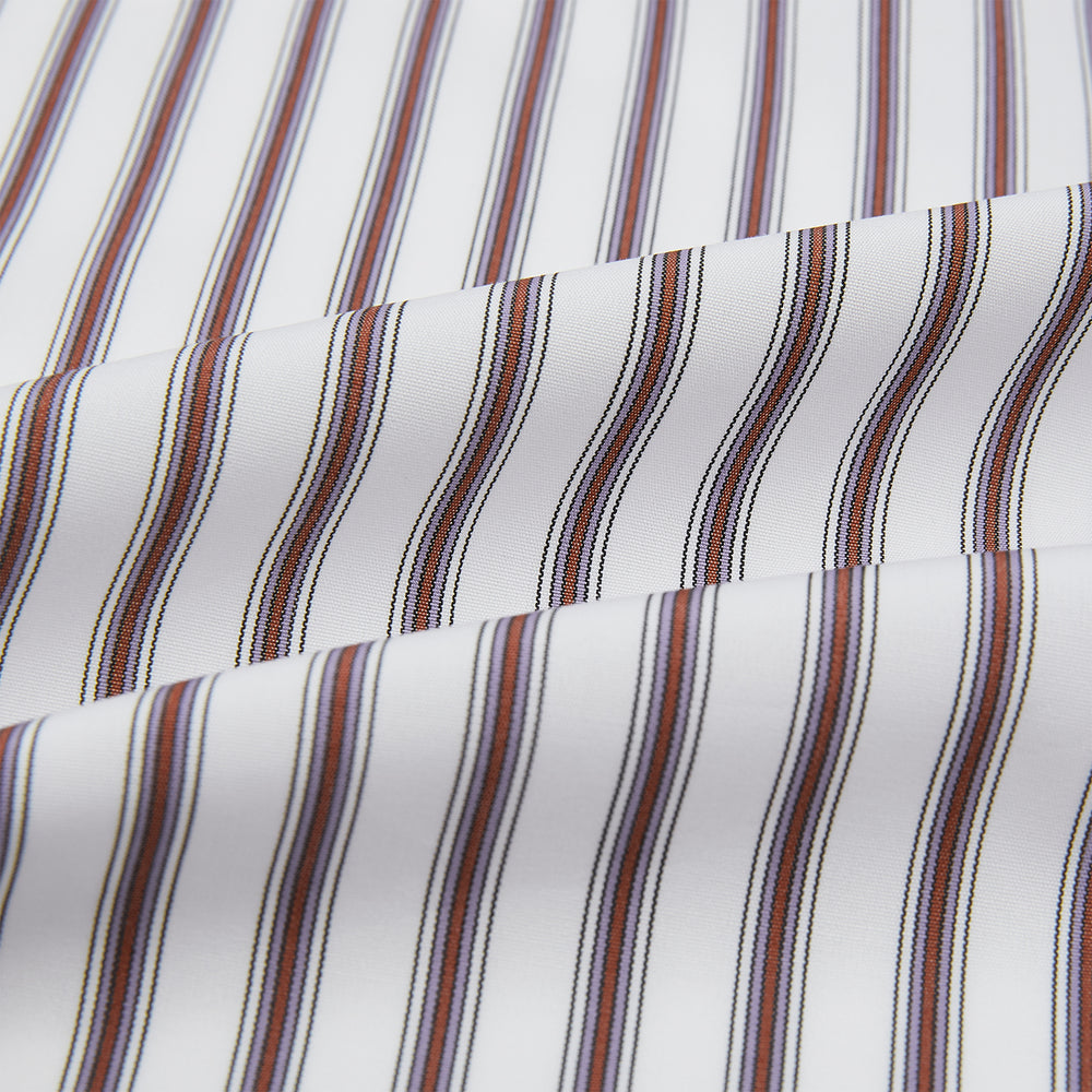 The Burgundy Multi Stripe Winston Gown by Turnbull & Asser features long sleeves, a shawl collar, waist belt, three pockets, and red piping accents for a classic Churchill-inspired touch.