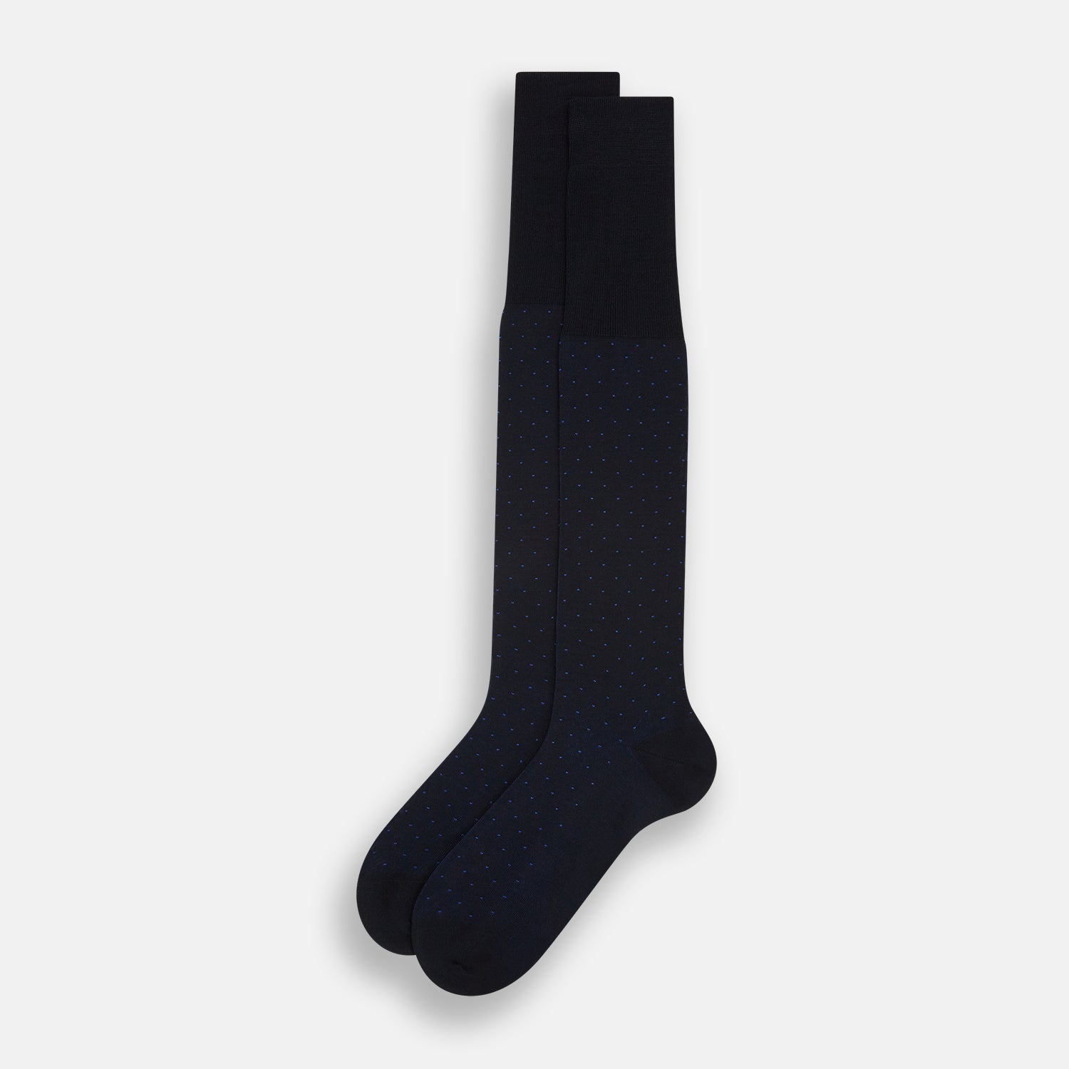 View 2 of product Turnbull & Asser Navy/Azzurro Polka Dot Long Socks—stylish knee-high socks featuring an elegant dotted pattern, perfect for those seeking sophisticated long socks.
