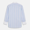 View 5 of product The Turnbull & Asser Light Blue Multi Stripe Cotton Regular Fit Penrose Shirt features light blue, white, and pink stripes with a crisp white collar and cuffs, displayed on a white background.
