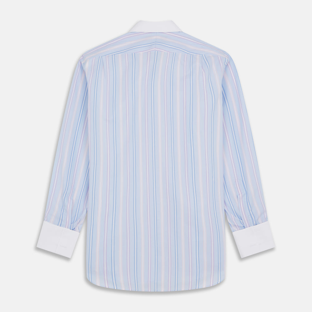 The Turnbull & Asser Light Blue Multi Stripe Cotton Regular Fit Penrose Shirt features light blue, white, and pink stripes with a crisp white collar and cuffs, displayed on a white background.