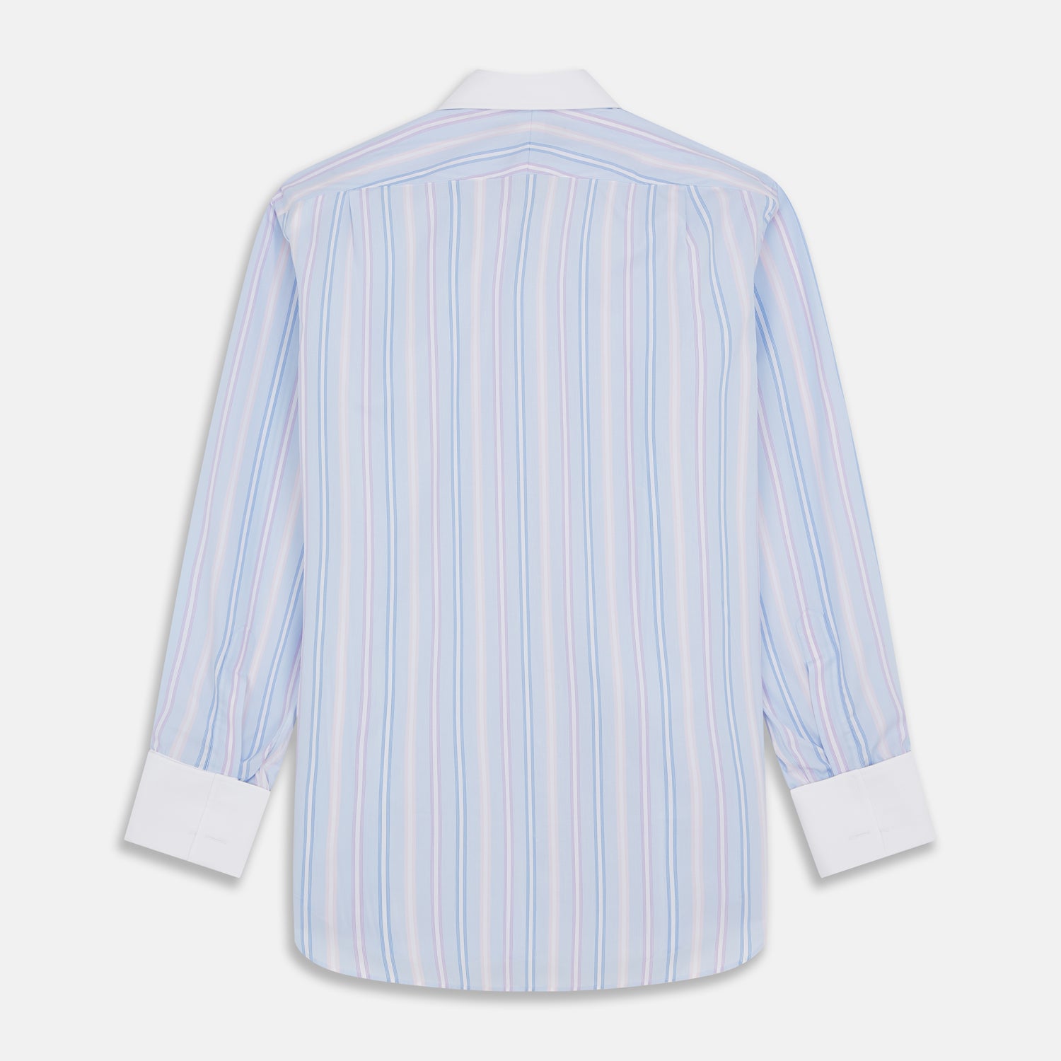 View 5 of product The Turnbull & Asser Light Blue Multi Stripe Cotton Regular Fit Penrose Shirt features light blue, white, and pink stripes with a crisp white collar and cuffs, displayed on a white background.