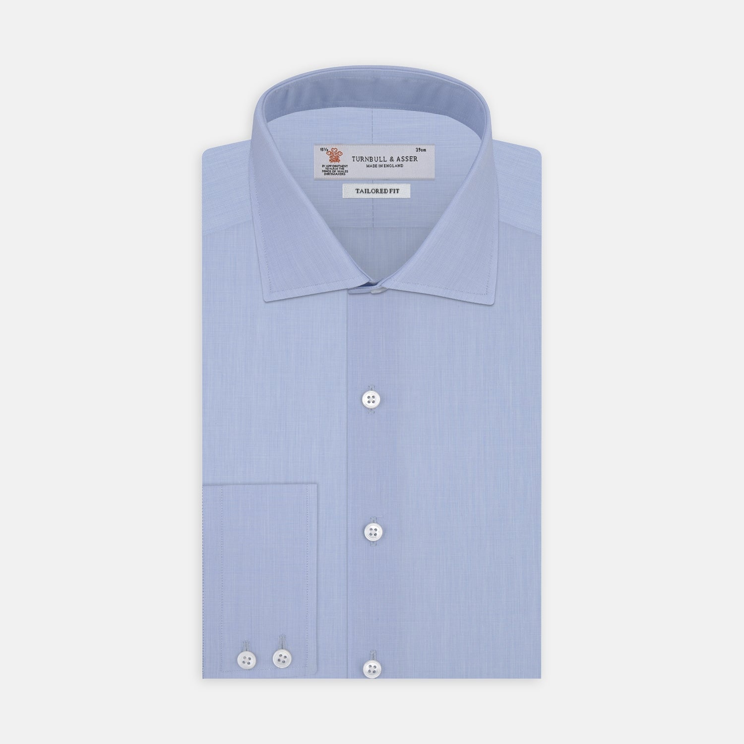 View 1 of product A Turnbull & Asser Tailored Fit Light Blue End-on-End Shirt with a Kent collar and 2-button cuffs is shown neatly folded on a plain white background. The shirt features classic styling and the Turnbull & Asser label.