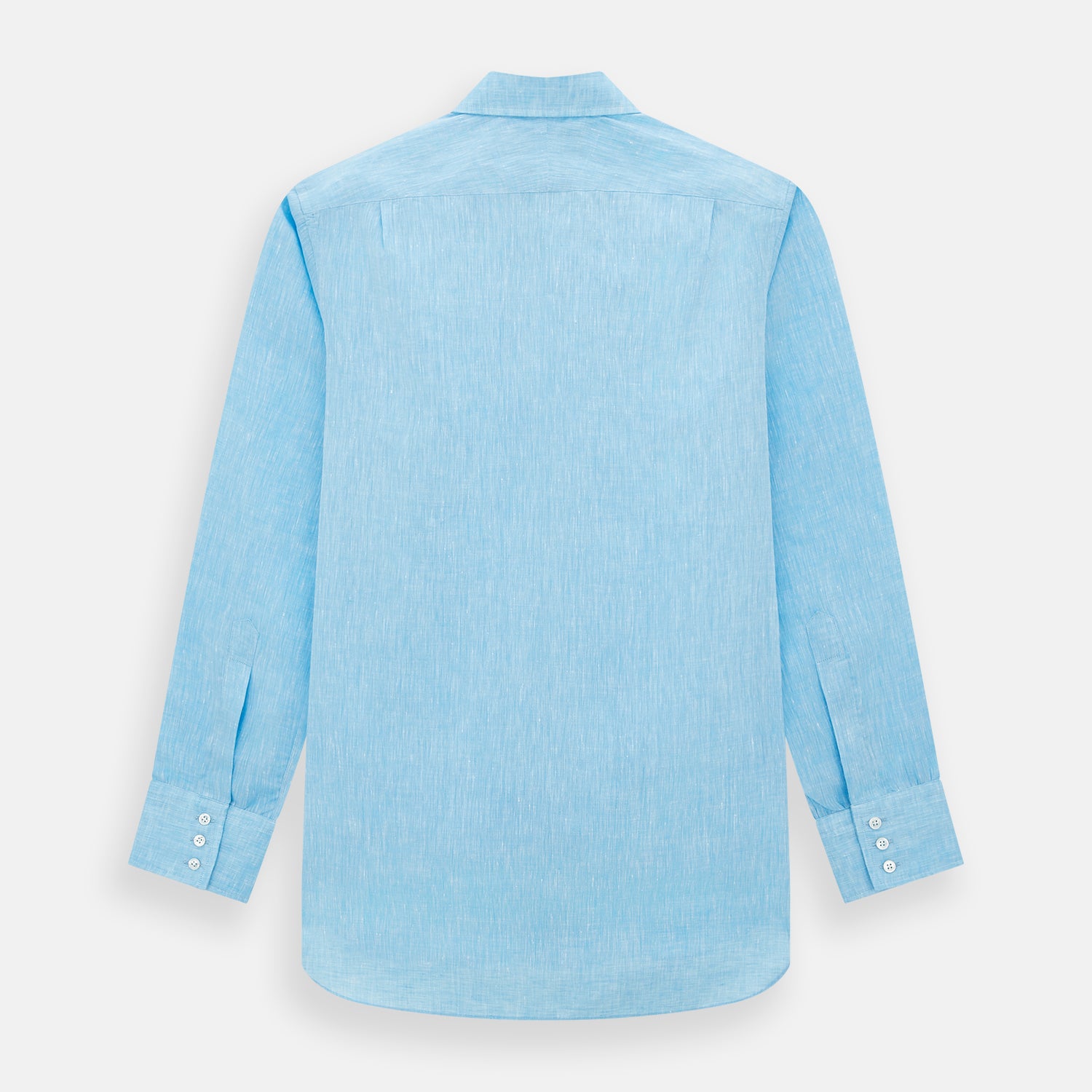 View 3 of product The Turnbull & Asser Turquoise Linen Mayfair Shirt features long sleeves and a collar, displayed neatly on a white background.