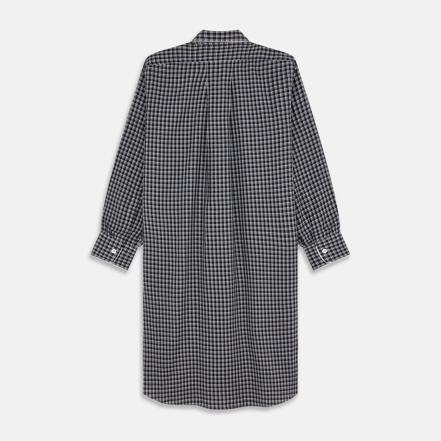 View 4 of product The Turnbull & Asser Black Multi Check Cotton Blend Sussex Nightshirt features a long sleeve, knee-length design with front buttons, a pointed collar, and chest pocket—ideal for those who love luxury sleepwear.