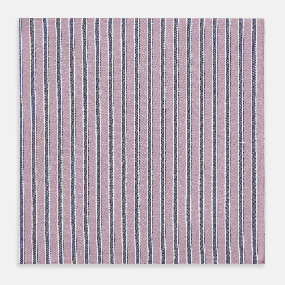 The Antique Pink Ticking Stripe Hand-Rolled Handkerchief by Turnbull & Asser features vertical stripes in antique pink, white, and navy blue, shown flat against a white background.