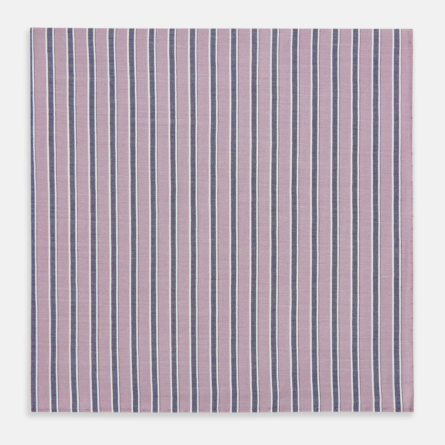 View 1 of product The Antique Pink Ticking Stripe Hand-Rolled Handkerchief by Turnbull & Asser features vertical stripes in antique pink, white, and navy blue, shown flat against a white background.