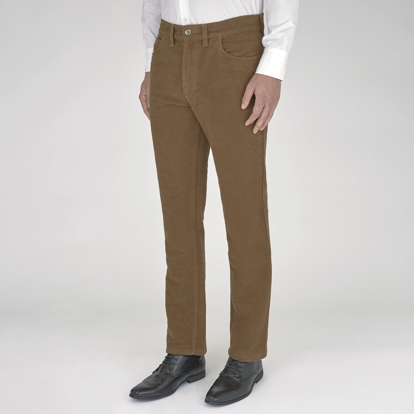 View 2 of product A pair of yellow cotton plain 5 pocket jeans by Turnbull & Asser, featuring a button and zip closure, displayed on a plain white background.