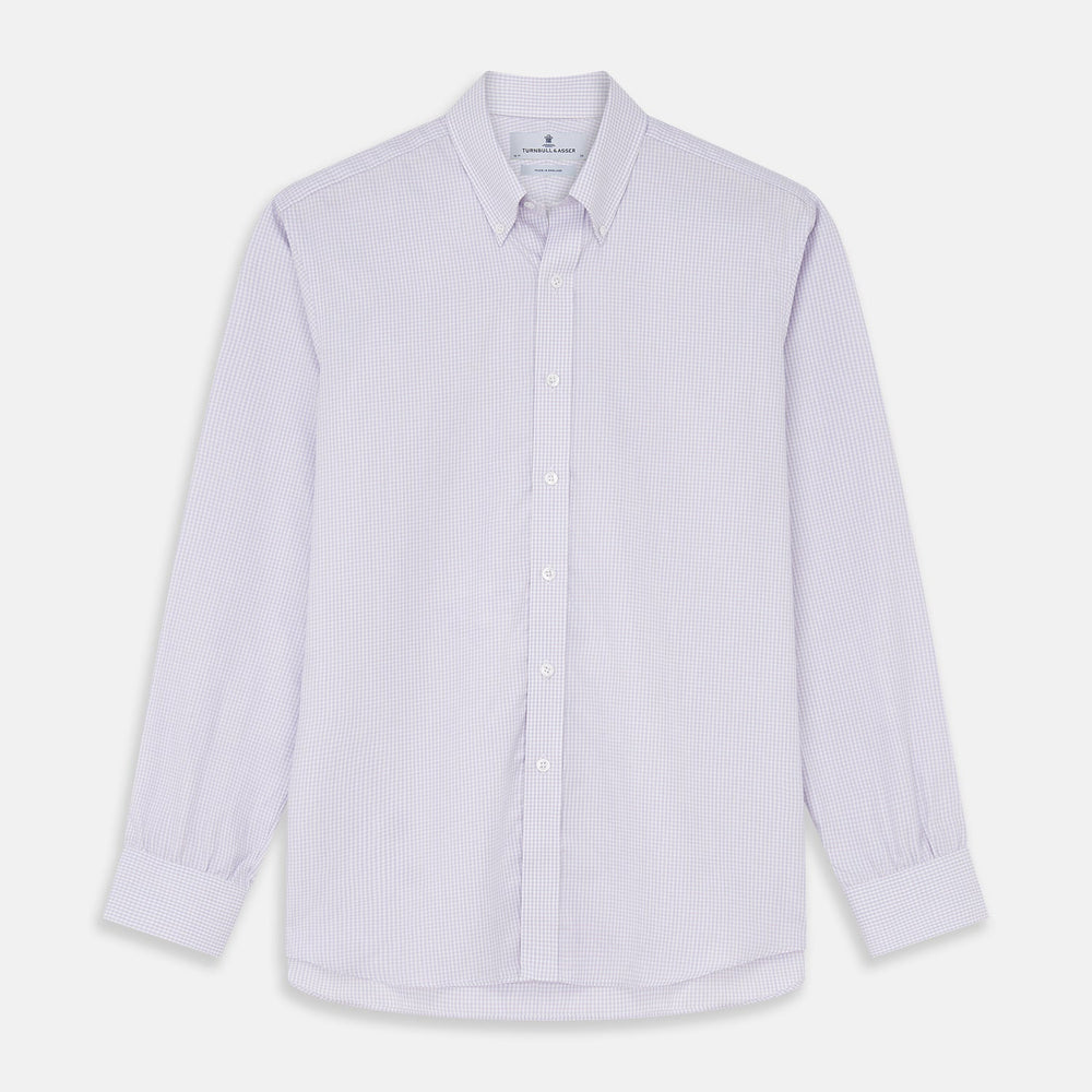 Close-up of Blue Multi Check Cashmerello Fabric by Turnbull & Asser, featuring a small blue check pattern and soft texture with gentle folds, displayed within a circular frame on a plain white background.