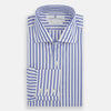 View 5 of product The Turnbull & Asser Tailored Fit Blue and White Candy Stripe Shirt, featuring a Kent collar and 3-button cuffs, is displayed neatly on a white background.