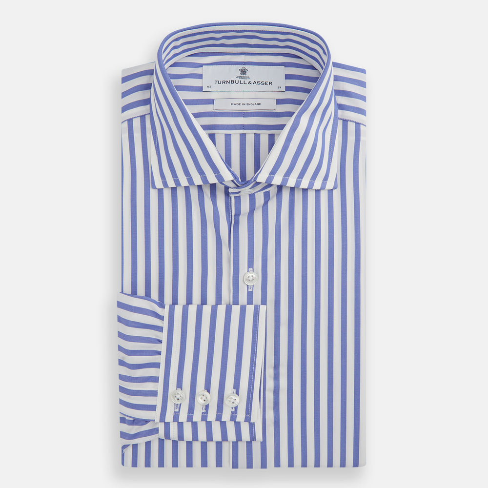 The Turnbull & Asser Tailored Fit Blue and White Candy Stripe Shirt, featuring a Kent collar and 3-button cuffs, is displayed neatly on a white background.