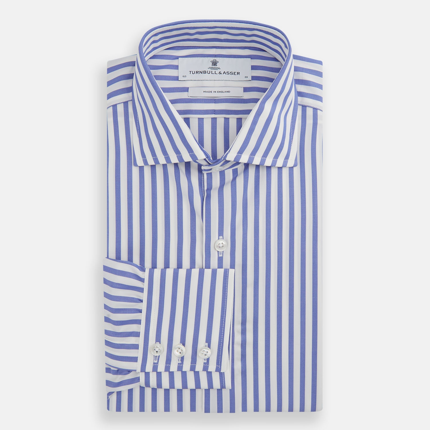 View 5 of product The Turnbull & Asser Tailored Fit Blue and White Candy Stripe Shirt, featuring a Kent collar and 3-button cuffs, is displayed neatly on a white background.