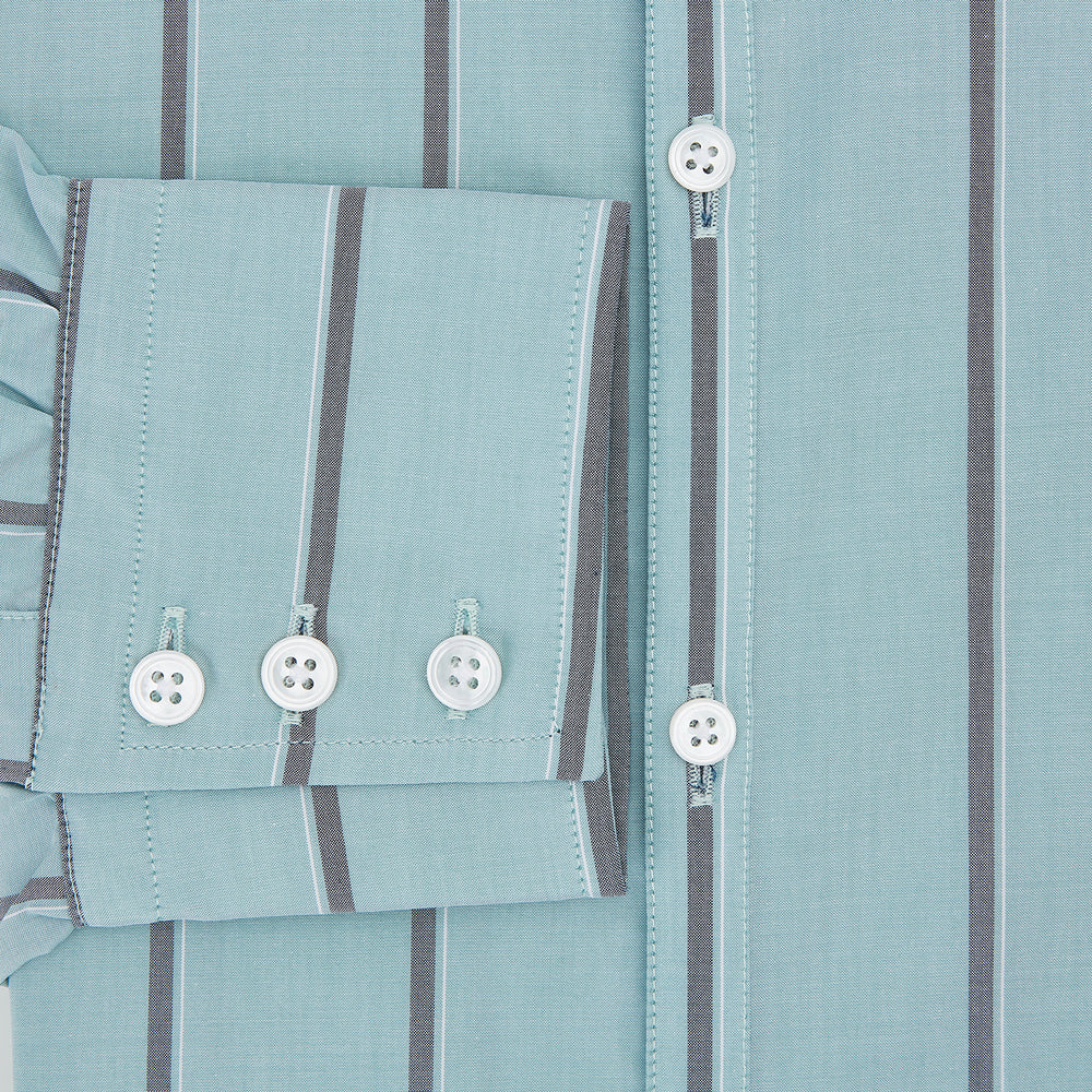 The Light Sage Track Stripe Westminster Shirt by Turnbull & Asser features a Turnbull collar, long sleeves, and vertical track stripes, shown on a white background.