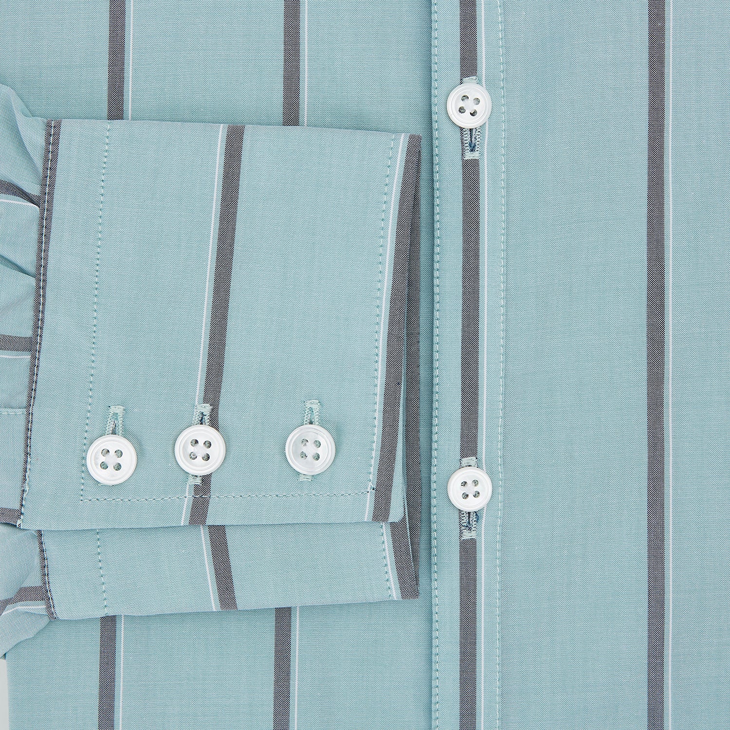 View 4 of product The Light Sage Track Stripe Westminster Shirt by Turnbull & Asser features a Turnbull collar, long sleeves, and vertical track stripes, shown on a white background.