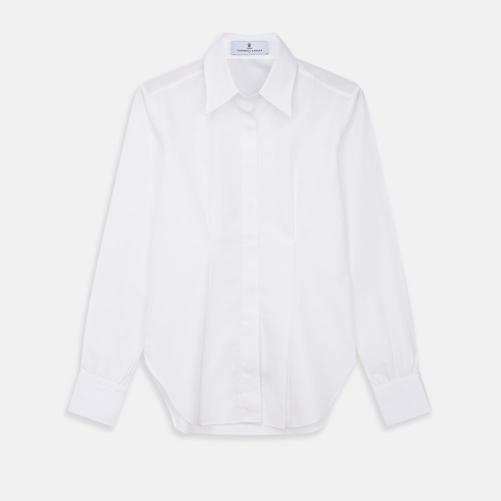 The White Cotton Tailored Bianca Shirt by Turnbull & Asser features a pointed collar and button cuffs, crafted from soft organic cotton and displayed flat on a white background for timeless elegance.