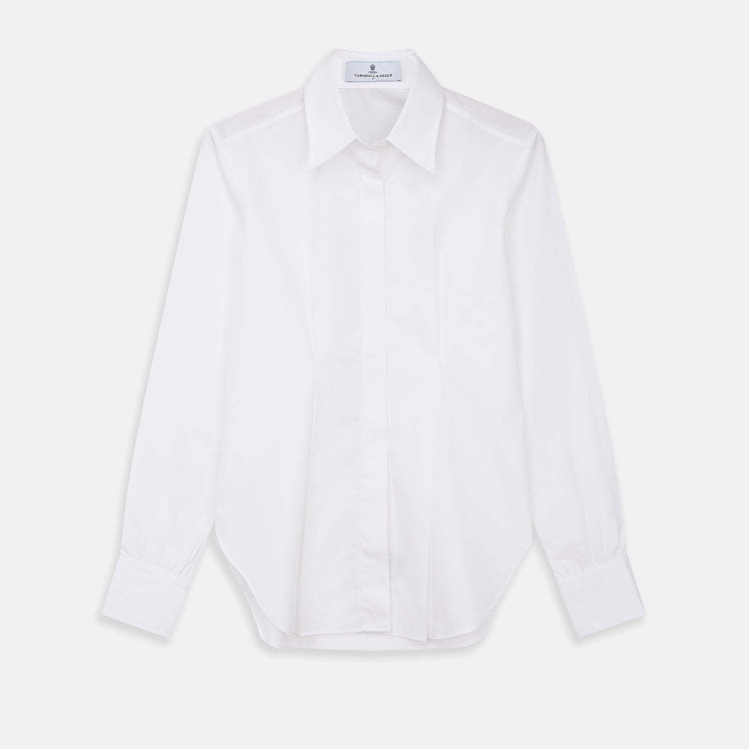 View 1 of product The White Cotton Tailored Bianca Shirt by Turnbull & Asser features a pointed collar and button cuffs, crafted from soft organic cotton and displayed flat on a white background for timeless elegance.