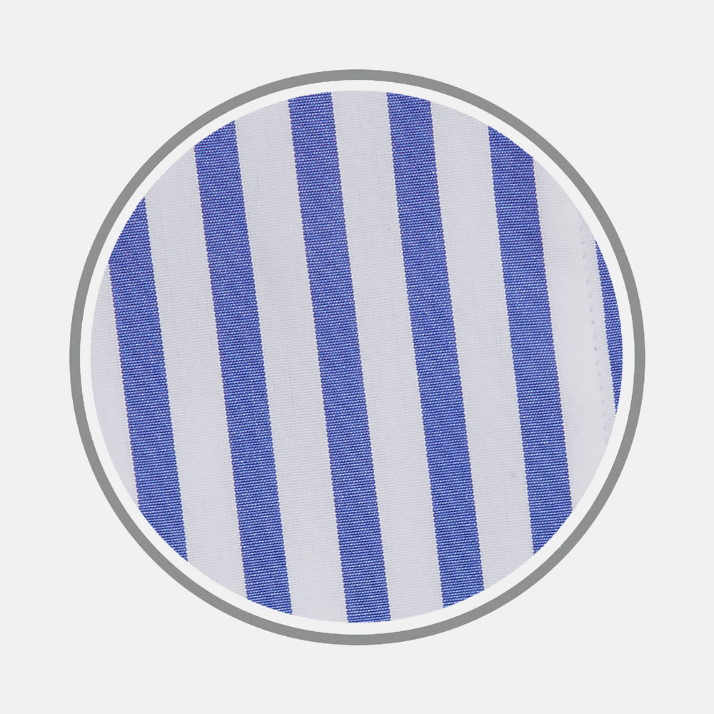 Close-up of Turnbull & Asser's Mid Blue Candy Stripe Cotton Fabric, featuring evenly spaced vertical blue stripes on white, displayed in a circular frame against a light gray background.