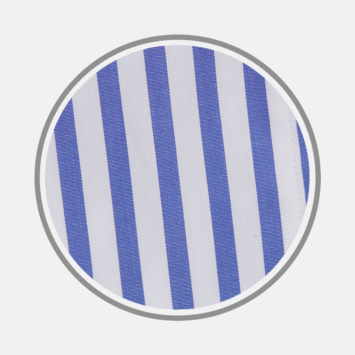 View 1 of product Close-up of Turnbull & Asser's Mid Blue Candy Stripe Cotton Fabric, featuring evenly spaced vertical blue stripes on white, displayed in a circular frame against a light gray background.