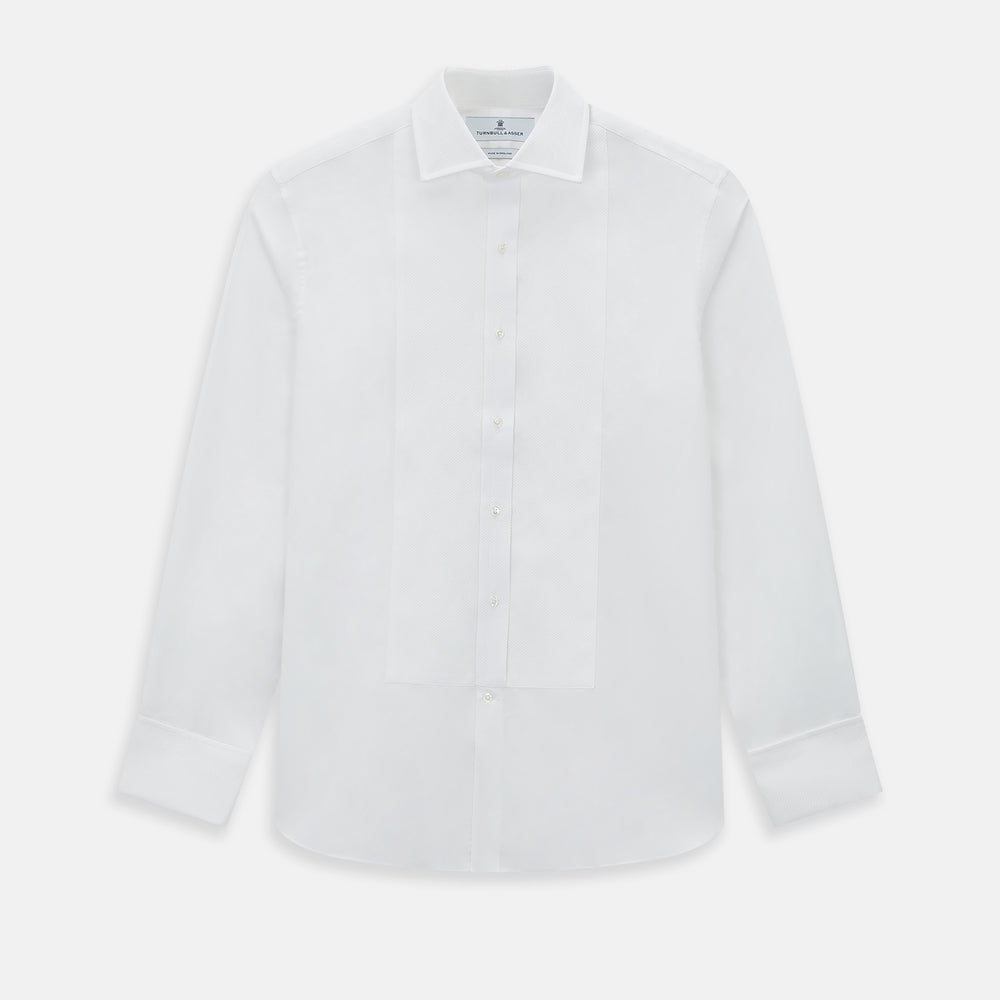 The Turnbull & Asser Tailored Fit White Marcella Front Shirt features a Kent Collar and double cuffs, shown laid flat on a white background. Perfect as a black tie shirt for formal events.