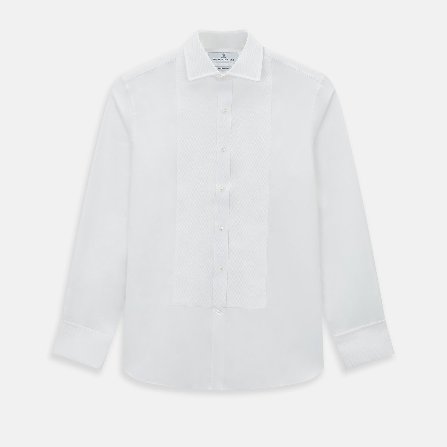 View 1 of product The Turnbull & Asser Tailored Fit White Marcella Front Shirt features a Kent Collar and double cuffs, shown laid flat on a white background. Perfect as a black tie shirt for formal events.