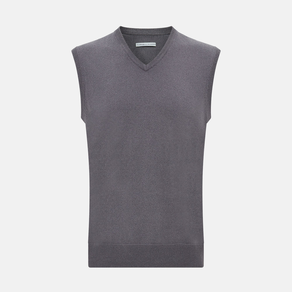 The Turnbull & Asser Slate Grey V-neck Cashmere Vest, shown against a white background, is a sophisticated sleeveless jumper ideal for refined ensembles.