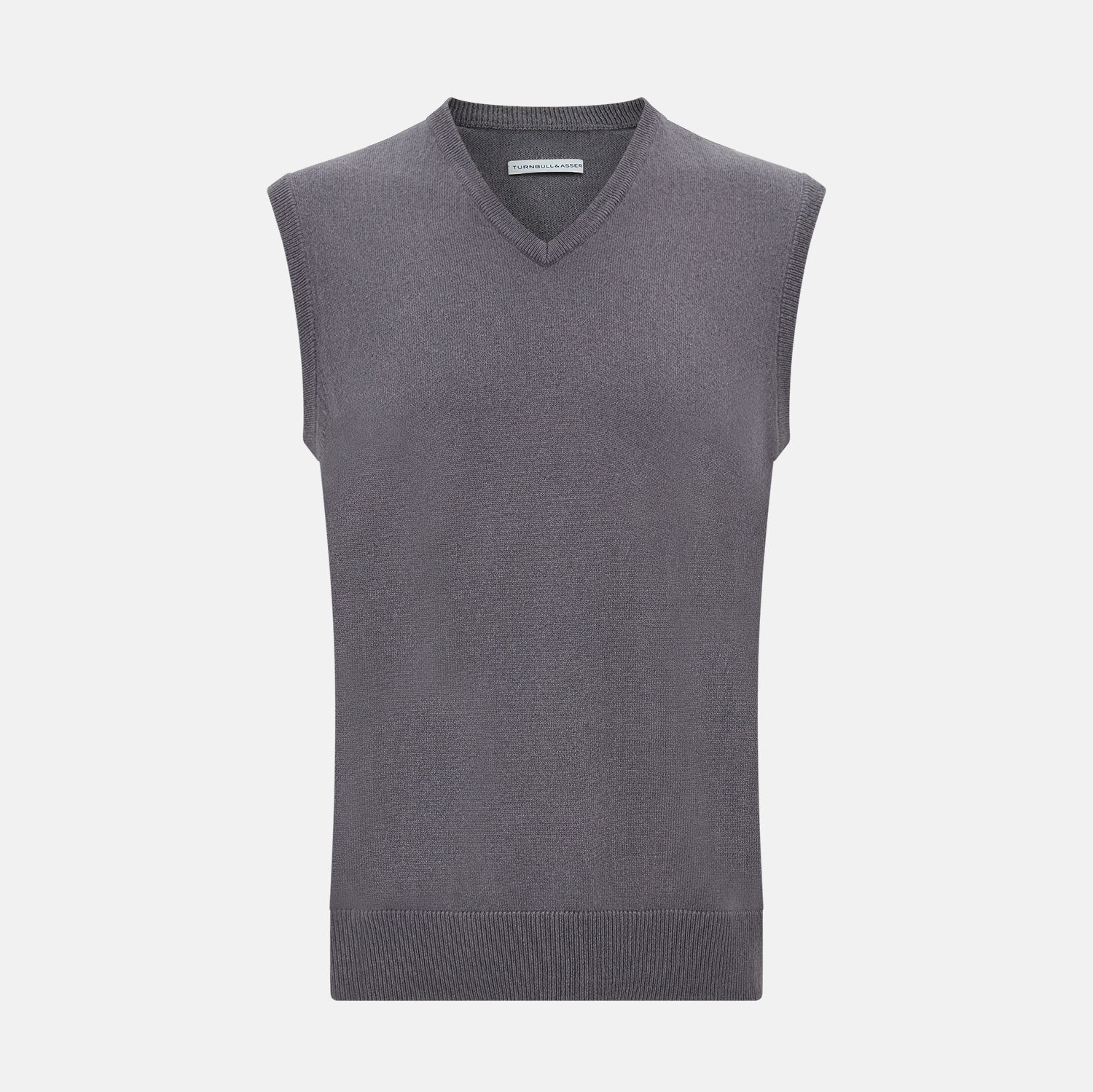 View 1 of product The Turnbull & Asser Slate Grey V-neck Cashmere Vest, shown against a white background, is a sophisticated sleeveless jumper ideal for refined ensembles.