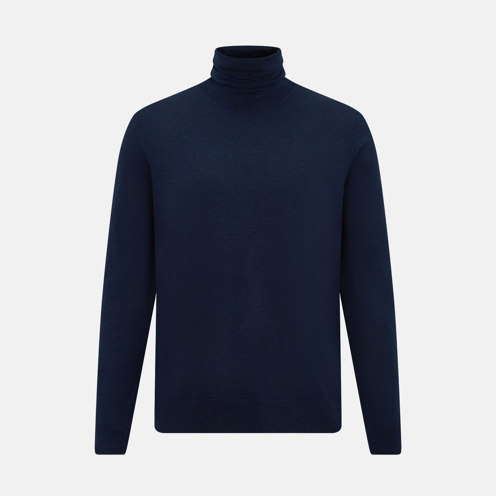 The Turnbull & Asser Navy Fine Merino High Neck Jumper, a plain long-sleeved piece crafted from premium merino wool, is shown on a white background.