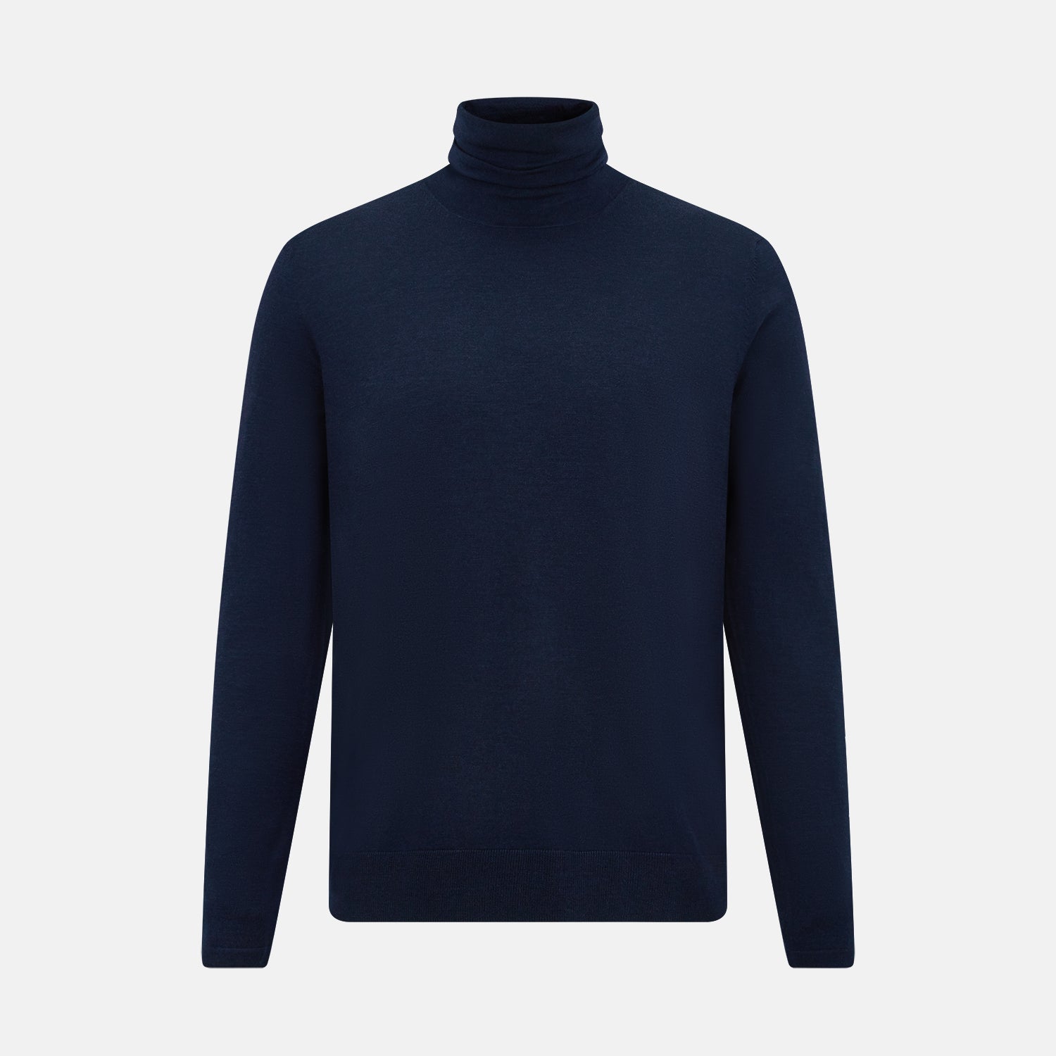 View 1 of product The Turnbull & Asser Navy Fine Merino High Neck Jumper, a plain long-sleeved piece crafted from premium merino wool, is shown on a white background.
