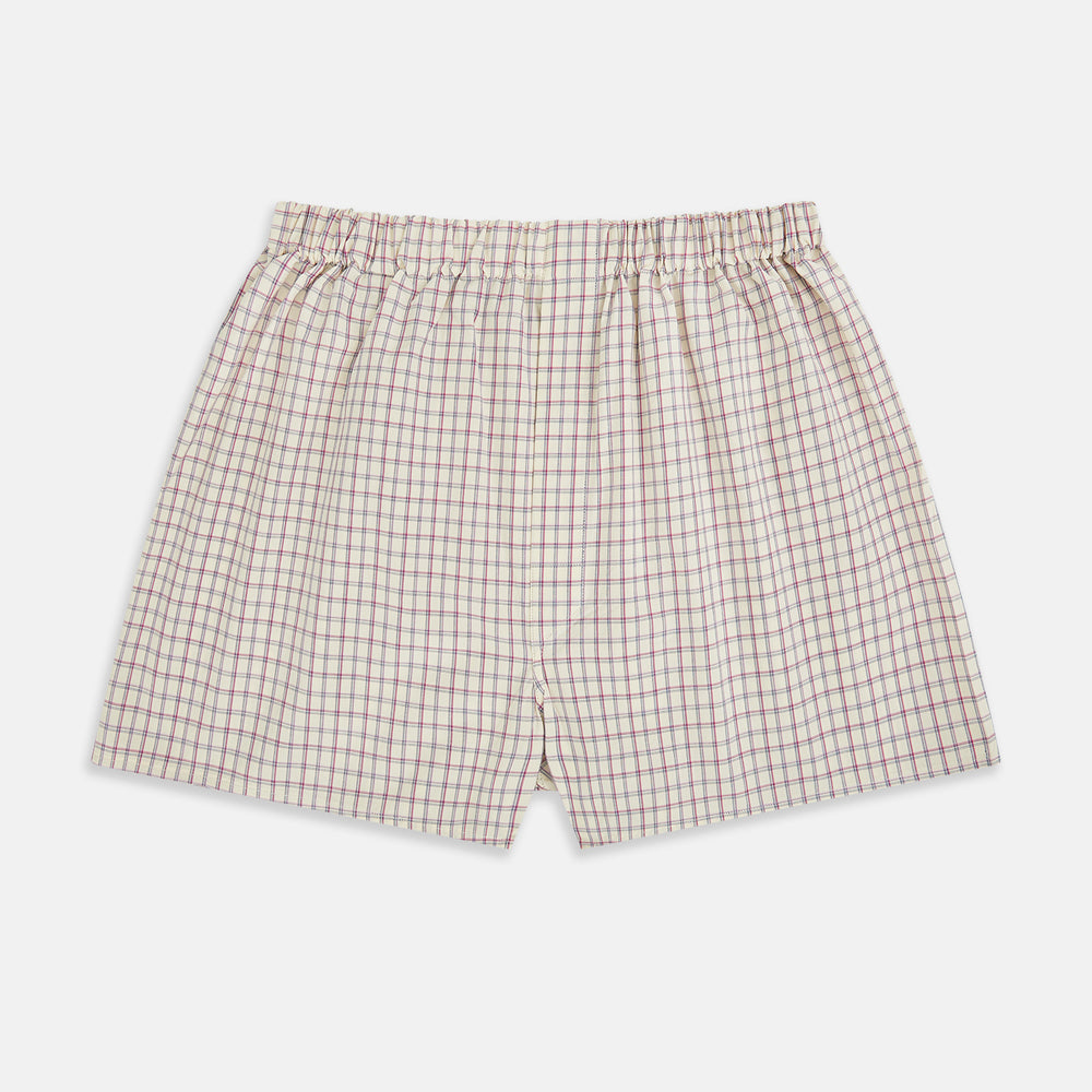 These Pink and Cream Double Graph Check Godfrey Boxer Shorts by Turnbull & Asser feature Italian cotton, an elastic waistband, and a pink and cream checked pattern, displayed flat on a white background.