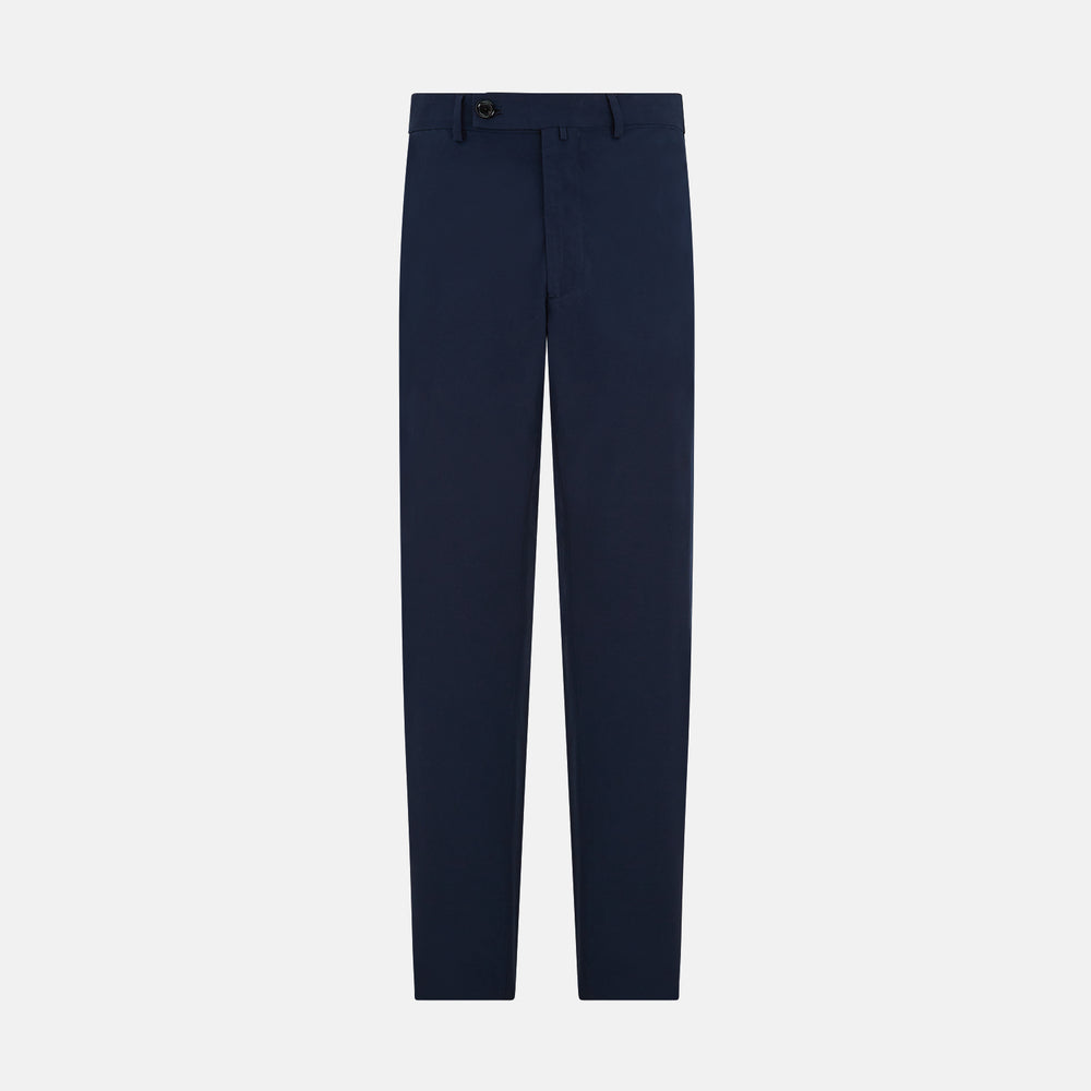 Turnbull & Asser Navy Winston Trousers in high-twist cotton, featuring a straight-leg cut, button and zipper closure, belt loops, and side pockets, displayed on a plain white background.