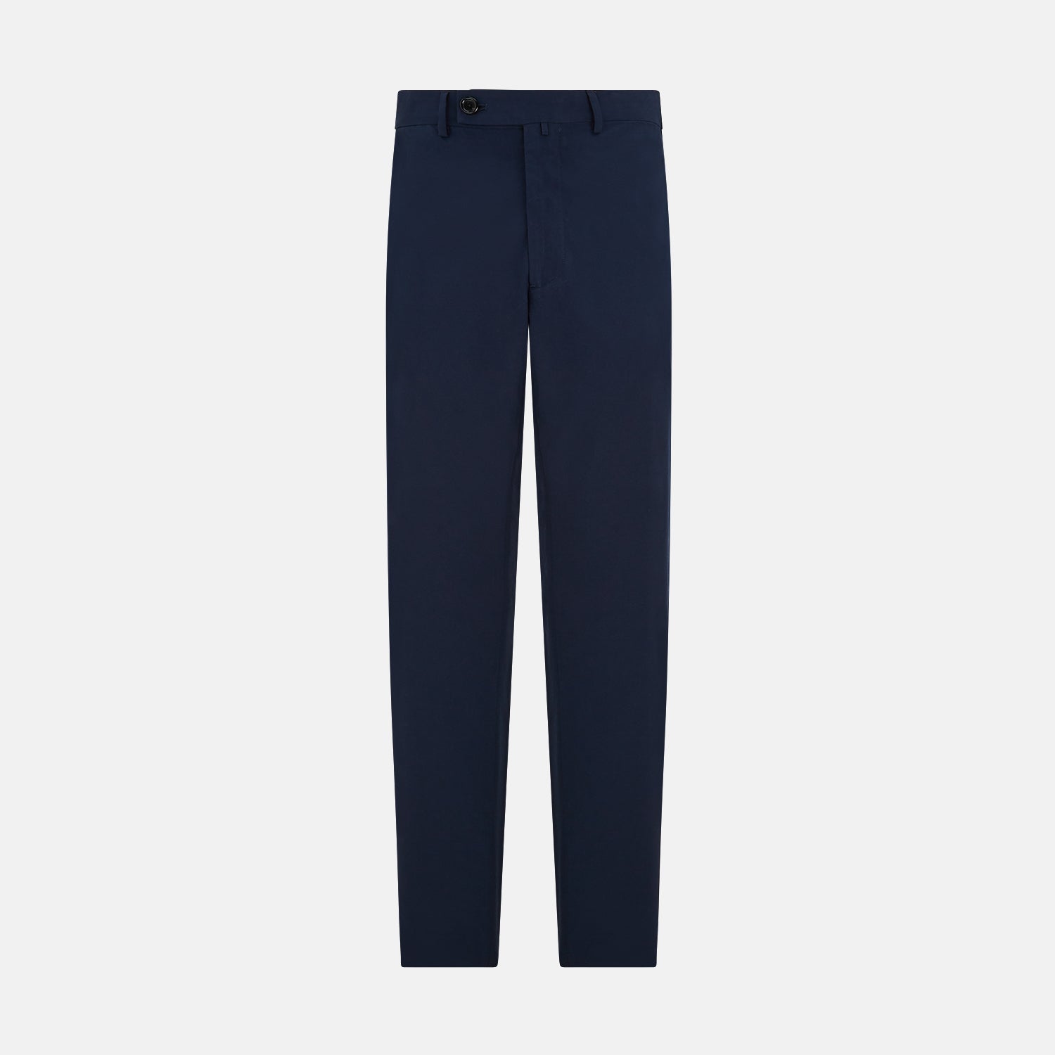 View 1 of product Turnbull & Asser Navy Winston Trousers in high-twist cotton, featuring a straight-leg cut, button and zipper closure, belt loops, and side pockets, displayed on a plain white background.