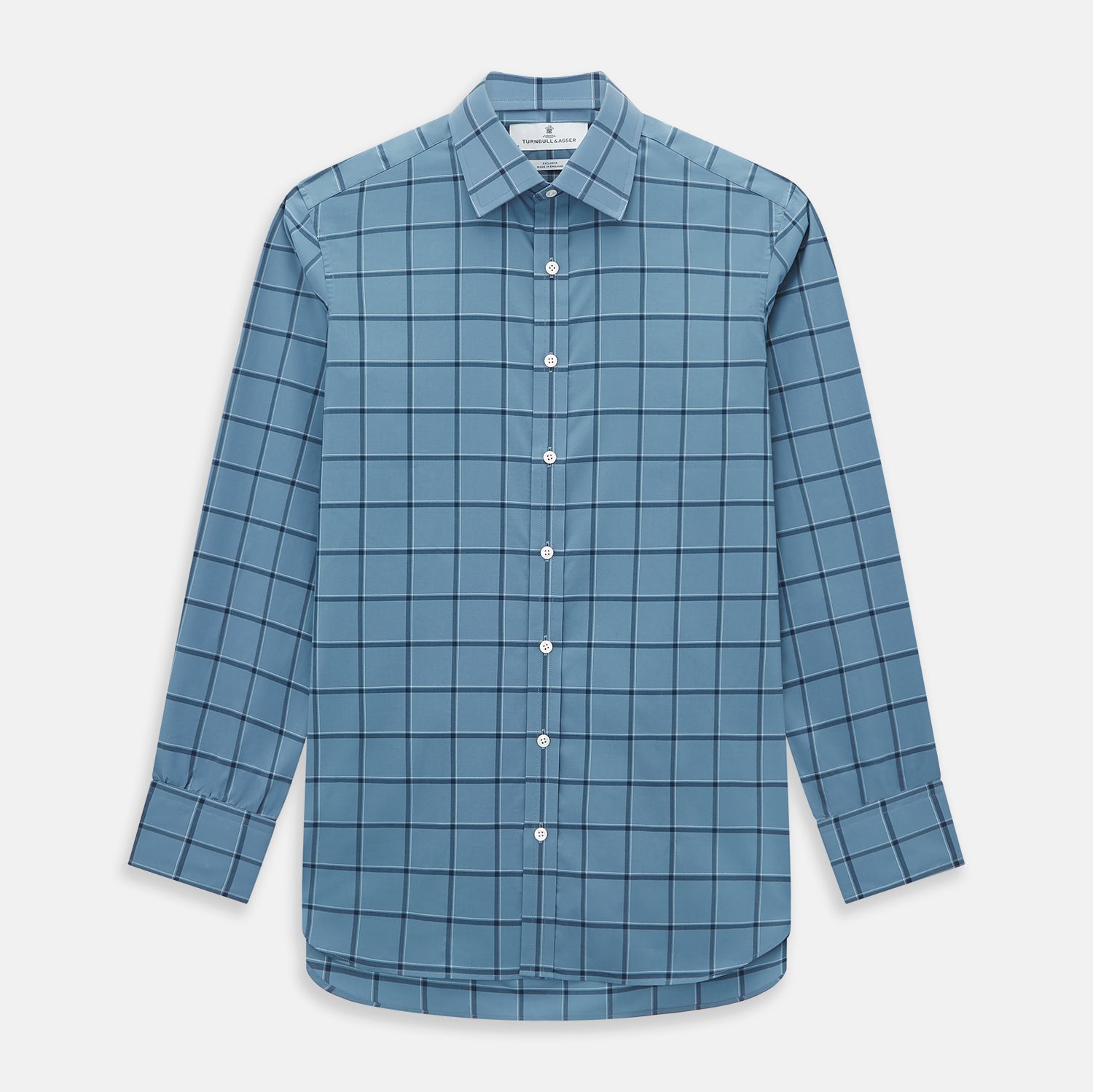 View 1 of product The Turnbull & Asser Steel Grey Grid Check Mayfair Shirt is a long-sleeve, button-up shirt in light blue Italian cotton, shown against a plain white background.