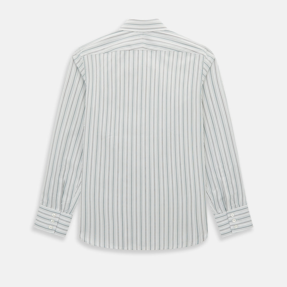 A Forest Green Multi Stripe Westminster Shirt by Turnbull & Asser, featuring thin green stripes on white and expert British craftsmanship, is neatly laid flat with visible cuffs.