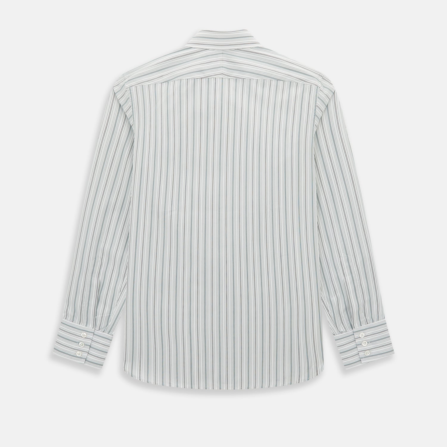 View 3 of product A Forest Green Multi Stripe Westminster Shirt by Turnbull & Asser, featuring thin green stripes on white and expert British craftsmanship, is neatly laid flat with visible cuffs.