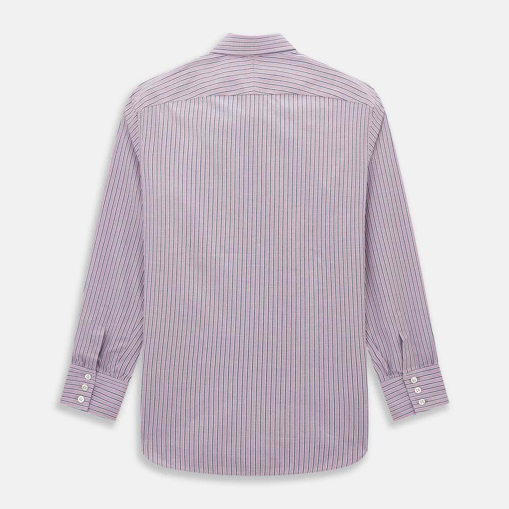 The Turnbull & Asser Antique Pink Ticking Stripe Westminster Shirt is a collared, long-sleeve button-up with thin vertical pink stripes on white, highlighting British craftsmanship. It’s shown neatly laid flat and fully buttoned.