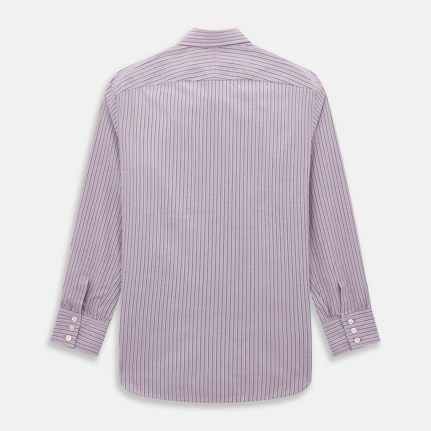View 3 of product The Turnbull & Asser Antique Pink Ticking Stripe Westminster Shirt is a collared, long-sleeve button-up with thin vertical pink stripes on white, highlighting British craftsmanship. It’s shown neatly laid flat and fully buttoned.